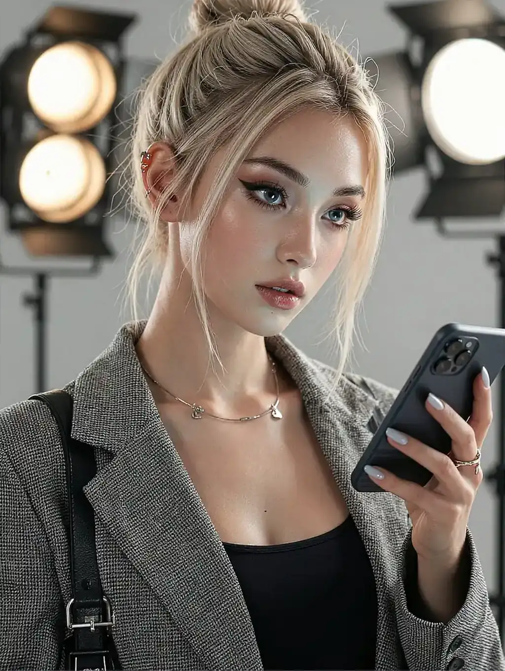 Fictional AI character featured on the fourth landing page, at night
